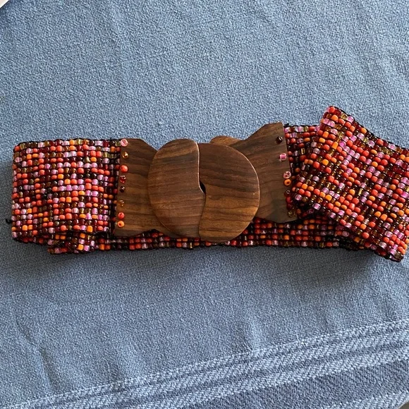 Beaded Belt with Wooden Buckle - Picture 1 of 5